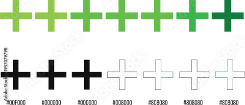 Medical plus sign icon set in green and black colors with hex codes for healthcare pharmacy first aid and digital interface add button.