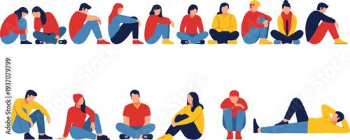 Collection of diverse men and women in various colorful casual clothing sitting on the floor in different relaxed poses.