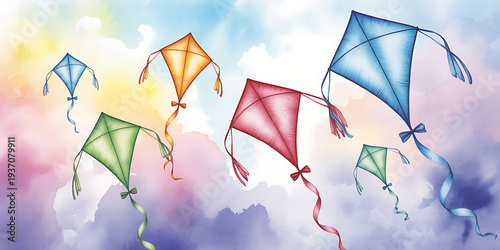 Diverse collection of colorful diamondshaped kites soaring through a vibrant watercolor sky
