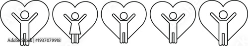 Line art icon set of human figures with raised arms standing inside heart shapes representing love empathy wellness community support and personal happiness.