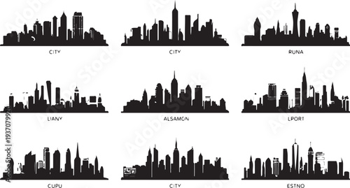 Set of 8 city skyline silhouettes vector