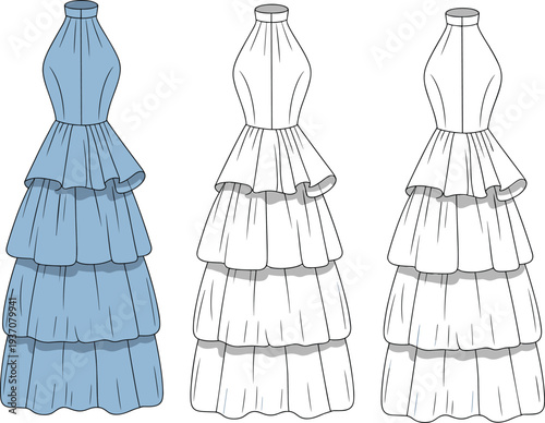 Three dresses with layered skirts in blue and white colors blue dress white dresses fashion