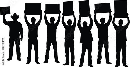 Protesters holding blank banners silhouettes representing demonstration activism freedom of speech public protest rally crowd with signs vector illustration social movement concept