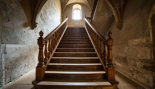 An aged wooden staircase leads upwards toward a sunlit window in a stone-walled, arched hallway. The architectural style appears historic