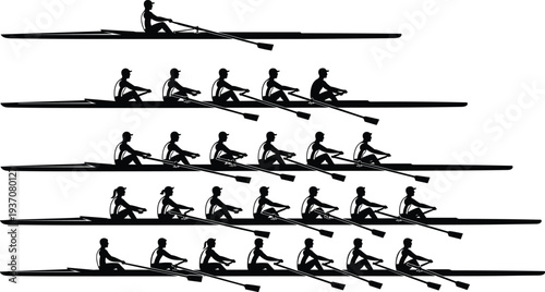 Rowing team silhouettes collection featuring single double quad and eight rowers in racing boats athletes paddling together representing teamwork competition water sport vector