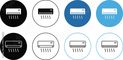 Modern air conditioner unit icon set featuring wall mounted cooling systems with air flow symbols in diverse black and blue circular flat vector styles.