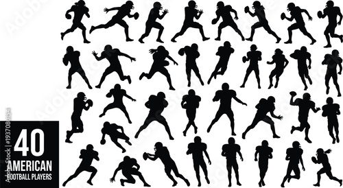 American football players silhouette vector collection, set of running back and offensive lineman action poses isolated on white background, sports.