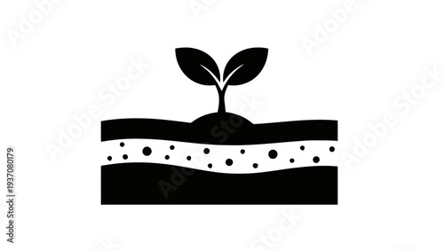 Vector illustration of black silhouette of a seedling growing in soil layers on a transparent background