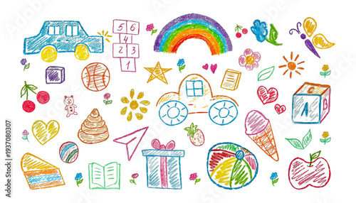 Bright colorful Kids Drawing with children's Toys Cars Cubes Rainbow Squiggles. Trendy Charcoal Pencil Icons for kids. Vector Objects Ball Sun Flower Icecream Strokes Scribbles Book Heart on white.
