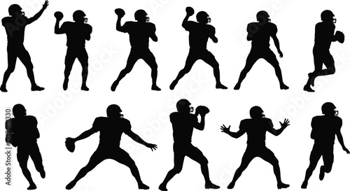 American football players silhouette vector collection, set of running back and offensive lineman action poses isolated on white background, sports.