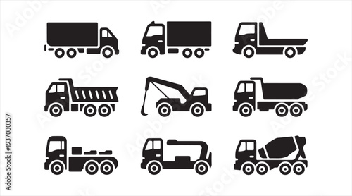 Minimal industrial machinery icons collection for construction transport and engineering equipment