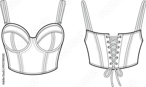 Black and white line of two different corset with straps and lacing details line straps