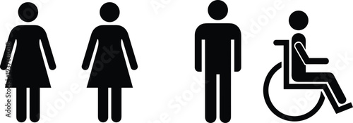 Black icons of male female and disabled person symbols on white background pictogram