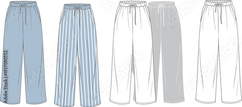 Five pairs of loose-fitting pants in light blue and gray colors with drawstrings and elastic waists