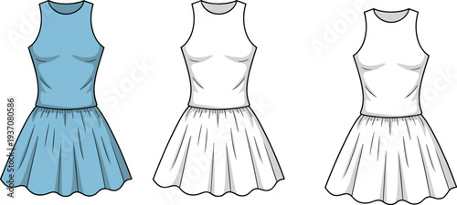 Three sleeveless dresses with gathered skirts in blue and white color variations
