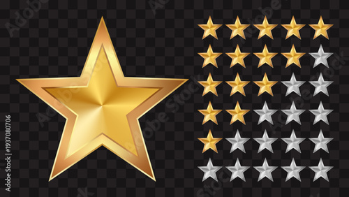 Gold Star Rating Icons Set with Silver Inactive Stars and Large Gold Star Symbol – 5, 4, 3, 2, 1 and Zero Star Customer Feedback Vector Illustration