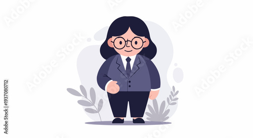 Chubby cartoon person wearing a suit and glasses