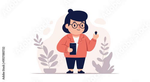 A person in a blazer holds a stylus and a tablet amidst abstract shapes and foliage