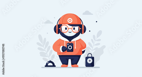 Animated character wearing headphones and holding a camera, with decorative plants