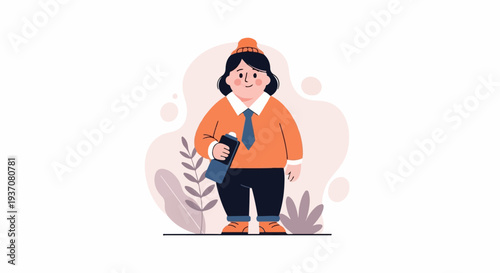 Chubby person in orange sweater, dark pants, tie, and beanie, holding a blue case