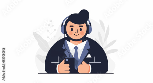 Cartoon person in suit with headphones and phone, abstract foliage