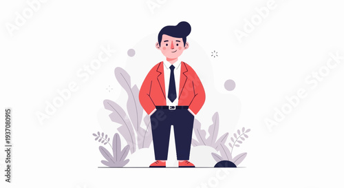 Stylized character in a red jacket, black pants, and tie, with plants