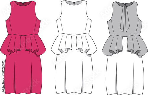 Three sleeveless dresses with tiered skirts in red pink gray and white colors