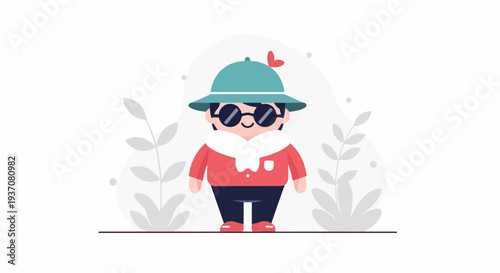 A cute cartoon person with a hat, sunglasses, and scarf stands between minimalist plants