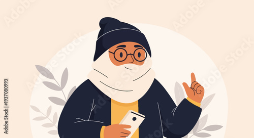 Stylized figure wearing a hat, scarf, and glasses, holding a phone and gesturing