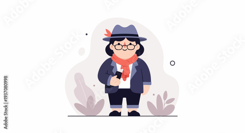 Cartoon character in hat and scarf holding a phone