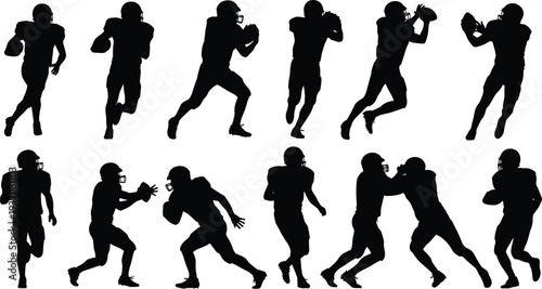 American football players silhouette vector collection, set of running back and offensive lineman action poses isolated on white background, sports.
