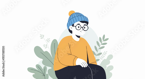 A person wearing a blue knitted hat and glasses sits peacefully amidst lush greenery