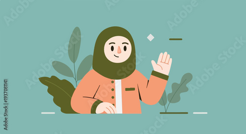 A friendly person in a hijab waves hello surrounded by decorative plants and minimalist lines
