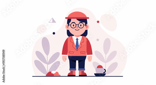 Cheerful figure in business attire with hat, glasses, standing near stylized plants and a cup