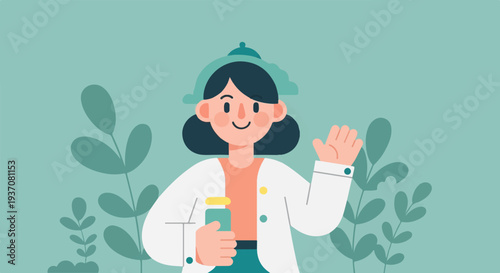 Friendly female healthcare professional in lab coat, holding medicine, and waving
