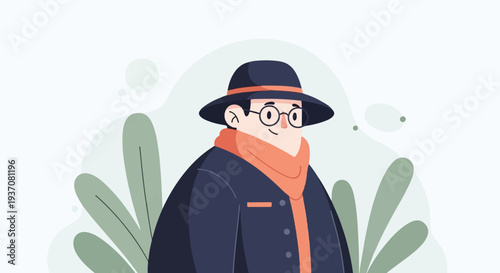 A stylized character wearing a hat, glasses, and scarf, set against a soft, abstract background