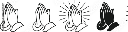 Praying hands vector icon set featuring line art and solid silhouette styles representing prayer, gratitude, faith, religion, and spiritual hope for design projects.