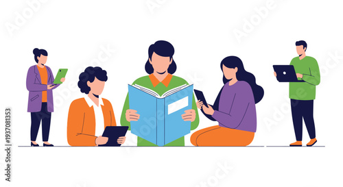 Blended Learning Concept. Diverse Group Studying with Traditional Books, Tablets, Laptops, and Digital Technology.