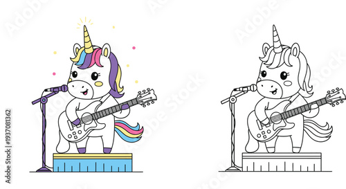 Cute Rock Star Unicorn Playing Electric Guitar and Singing