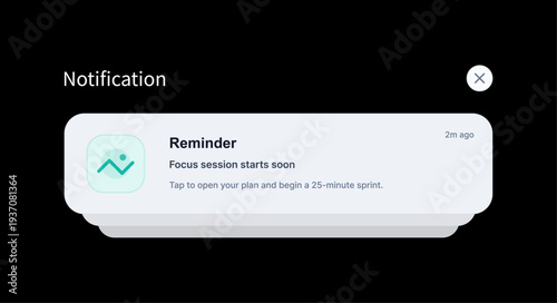 Reminder Notification UI for Focus Session on Dark Background. Minimal app notification card showing a reminder for a focus session. UI, UX - Push Notification, graphic mockup. Vector