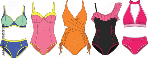 Colorful fashion illustration of women's swimwear collection featuring bikinis and one-piece swimsuits in vibrant pink orange and blue for summer apparel design concepts.