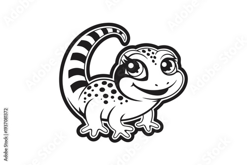 Charming cartoon gecko with black stripes poses cheerfully with big eyes and happy face