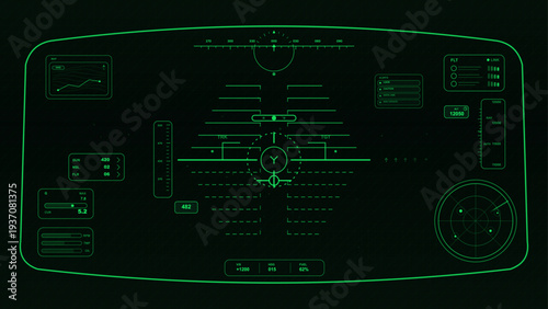 Futuristic Head-up Display, VR view with Cyberpunk HUD UI, GUI elements. HUD Camera viewfinder. Helmet template with fighter jet interface with graphics, sight and radar. Vector cockpit view
