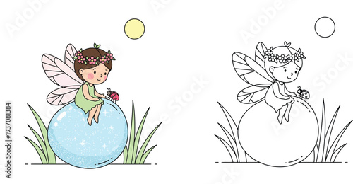 Cute cartoon fairy girl with ladybug on a magical sphere. Color and black and white outline vector illustration for kids coloring book page.