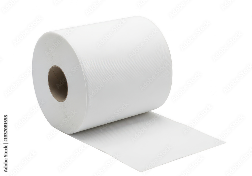 Fototapeta premium A roll of pristine white toilet tissue ready for use with a sheet hanging off the end.