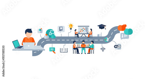 Digital Education Roadmap: E-Learning and Skill Development Timeline. Flat Vector Illustration of Career Path, Collaborative Study, and Workflow Stages.