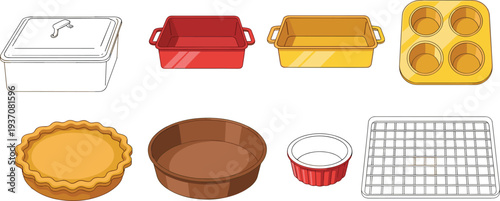 Colorful kitchen bakeware set with cake pans muffin tin pie dish roasting tray and cooling rack isolated on white background for cooking design