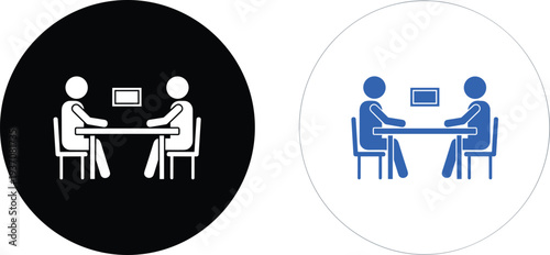 Professional business meeting icon set featuring two people sitting at a desk with a laptop in black and blue circular flat vector design.