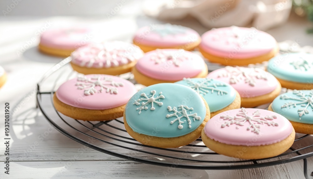 Fototapeta premium Assortment of delicious homemade iced cookies with festive snowflake decorations.