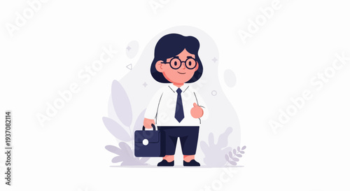 Cheerful individual in professional attire, carrying a briefcase and giving a thumbs up